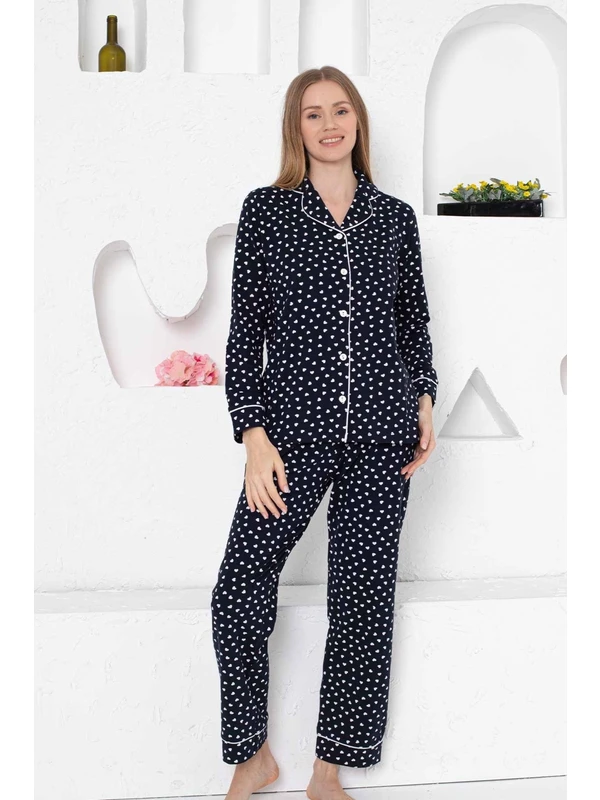 Bie's Kadın Lacivert Kalpli Önden Düğmeli Gömlek Yaka Uzun Kol Mevsimlik Pamuk Likra Cepli Pijama Takımı
