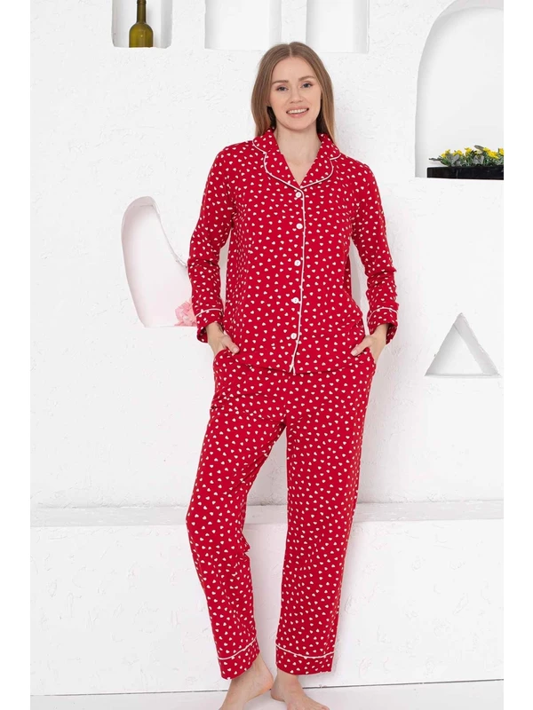 Bie's Kadın Kırmızı Kalpli Önden Düğmeli Gömlek Yaka Uzun Kol Mevsimlik Pamuk Likra Cepli Pijama Takımı