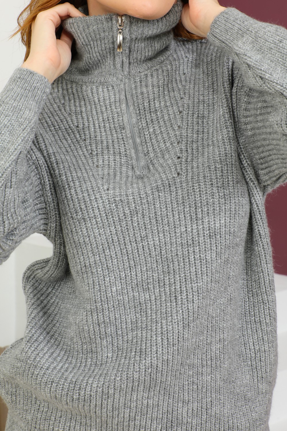 Zirve Kadın Fermuarlı Balıkçı Yaka Oversize Triko Kazak görsel 5