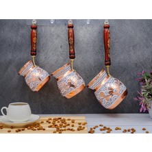 Eva Copper 3'lü Set El Yapımı Işlemeli Kalaylı Kalın Bakır Kahve Cezvesi