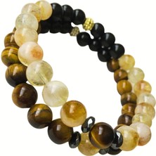 Ayre Style Ayrestyle Kaplan Gözü, Oniks ve Sitrin Doğal Taş İkili 8 mm 19 cm Kahverengi-Siyah-Sarı Bileklik Seti