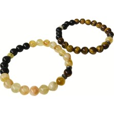 Ayre Style Ayrestyle Kaplan Gözü, Oniks ve Sitrin Doğal Taş İkili 8 mm 19 cm Kahverengi-Siyah-Sarı Bileklik Seti