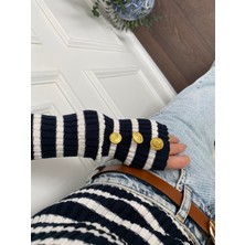Büşce Lacivert  Ince Çizgili Kol Düğmeli Triko