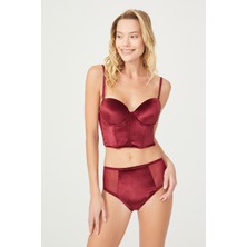Stay Lunique Kadife Korseli Bordo Bralet Büstiyer Sütyen Takımı