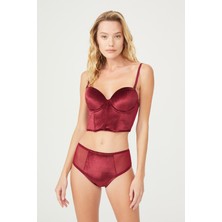 Stay Lunique Kadife Korseli Bordo Bralet Büstiyer Sütyen Takımı