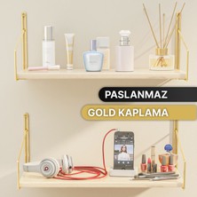 Bino Raf Duvar Rafı Parlak Gold Kaplama Masif Ahşap Duvar Rafı 2li Set Lüks Dekoratif Banyo Mutfak Rafı