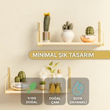 Bino Raf Duvar Rafı Parlak Gold Kaplama Masif Ahşap Duvar Rafı 2li Set Lüks Dekoratif Banyo Mutfak Rafı