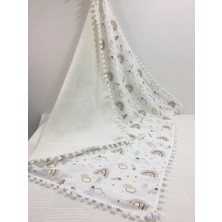 Buse Baby Home Muslin Kumaş ,pikeli ve Ponponlu , %100 Pamuklu Çok Amaçlı Bebek Battaniyesi