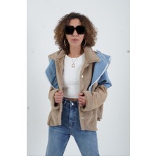 Zelish My Sister Bej Denim Detaylı Suni Kürk Güderi Mix Mont