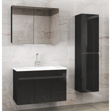 Alfa Banyo Viola3-Siyah 80+35 cm Mdf-Ayna Dolaplı Seramik Lavabolu Banyo Dolabı Takımı**demonte Değil**