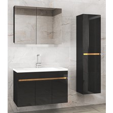 Alfa Banyo Viola3-S Siyah 80+35 cm Mdf-Ayna Dolaplı Seramik Lavabolu Banyo Dolabı Takımı**demonte Değil**