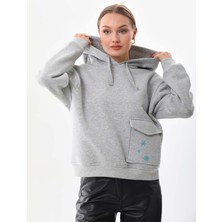 Kallima Kar Tanesi Baskılı Cepli Kapüşonlu Kışlık Kalın Sweatshirt Oversize/geniş Kesim