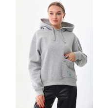 Kallima Kar Tanesi Baskılı Cepli Kapüşonlu Kışlık Kalın Sweatshirt Oversize/geniş Kesim