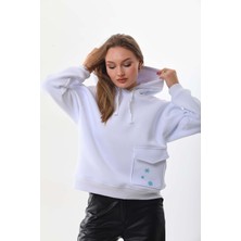 Kallima Kar Tanesi Baskılı Cepli Kapüşonlu Kışlık Kalın Sweatshirt Oversize/geniş Kesim