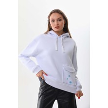 Kallima Kar Tanesi Baskılı Cepli Kapüşonlu Kışlık Kalın Sweatshirt Oversize/geniş Kesim