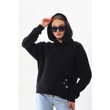 Kallima Kar Tanesi Baskılı Cepli Kapüşonlu Kışlık Kalın Sweatshirt Oversize/geniş Kesim