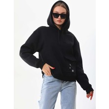 Kallima Kar Tanesi Baskılı Cepli Kapüşonlu Kışlık Kalın Sweatshirt Oversize/geniş Kesim