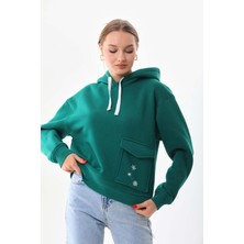 Kallima Kar Tanesi Baskılı Cepli Kapüşonlu Kışlık Kalın Sweatshirt Oversize/geniş Kesim