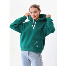 Kallima Kar Tanesi Baskılı Cepli Kapüşonlu Kışlık Kalın Sweatshirt Oversize/geniş Kesim