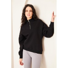 Camenta Siyah Dik Yaka 3 Iplik Şardonlu Fermuarlı Kadın Sweatshirt