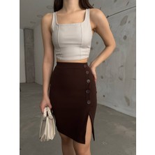 Moda Fine Kadın Yandan Yırtmaçlı Düğme Detaylı Krep Kumaş Likralı  Mini Etek