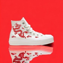 Amazoon Desing Red Dragon Baskılı Beyaz Keten Çocuk Spor Ayakkabı Sneaker