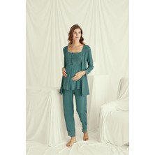 Monamise Kadın Dantelli Önü Düğmeli Hamile Lohusa 3'lü Pijama Takımı 18535