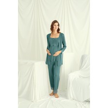 Monamise Kadın Dantelli Önü Düğmeli Hamile Lohusa 3'lü Pijama Takımı 18535
