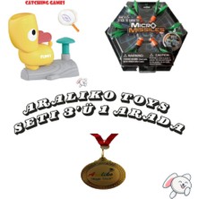 Özel Araliko Toys Seti 3'ü 1 Arada (Catching Games Sarı Köpek Uçan Disk Yakalama + Micro Missiles Parmak Sapanı 6'lı Hex6 + Araliko Madalyası)