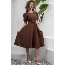 Küçüğüm Butik Kahverengi Karpuz Kol Kloş Midi Boy Krep Elbise