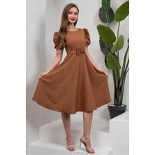 Küçüğüm Butik Kamel Karpuz Kol Kloş Midi Boy Krep Elbise