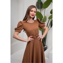 Küçüğüm Butik Kamel Karpuz Kol Kloş Midi Boy Krep Elbise