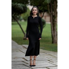 Peraluna Styleboom x Peraluna Dorset Dress Toka Detaylı Ribana Örgü Midi Kadın Triko Elbise - Siyah