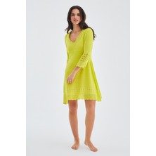 Peraluna Yoho Dress Ajurlu V Yaka Diz Hizası Yazlık Kadın Triko Elbise Lime