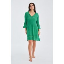 Peraluna Yoho Dress Ajurlu V Yaka Diz Hizası Yazlık Kadın Triko Elbise Çimen Yeşili