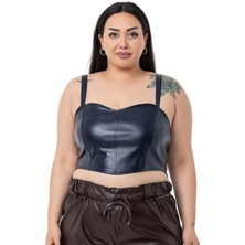 Disentis Modest Büyük Beden Ayarlanabilir Ince Askılı Crop Deri Lacivert Büstiyer