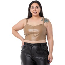 Disentis Modest Büyük Beden Ayarlanabilir Ince Askılı Crop Deri Vizon Büstiyer