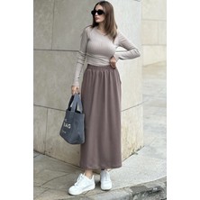 New Laviva Kadın Kahve Beli Lastikli, Rahat Kalıp, Cepli Uzun Etek