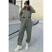 New Laviva Kadın Haki Geniş Yaka, Beli Bağcıklı, Paçaları Lastikli Uzun Kol Salaş Tulum