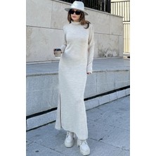 New Laviva Kadın Bej Bogazlı, Yırtmaç Detaylı, Vucuda Oturan Kalıp, Triko Elbise