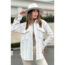 New Laviva Kadın Beyaz Ekose Tüvit Kumaş, Çift Cepli Uzun Salaş Gömlek Ceket
