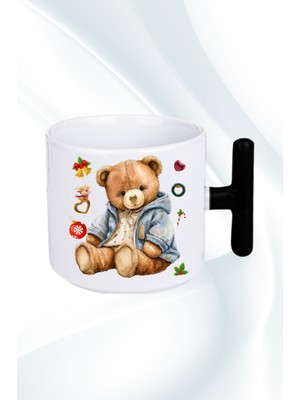 Caisya Yeni Yıl Oyuncak Ayı Teddy Bear Baskılı T Saplı Kupa Bardak Porselen Çay Kahve Fincanı