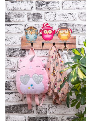 Berenden Deep Creations Çocuk Odası Duvar Askılığı 4 Askılı Montessori Doğal Ahşap Uv Baskılı Baykuşlar