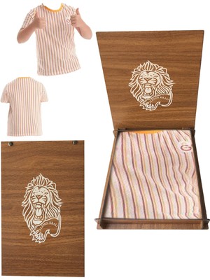 Galatasaray Lisanslı Çizgili Beyaz Çocuk T-Shirt Hediye Aslan Ahşap Kutulu