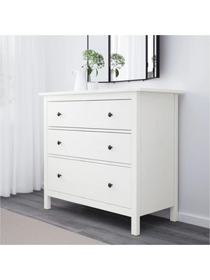 IKEA 3 Çekmeceli Şifonyer Hemnes Meridyendukkan Beyaz Vernik, 108X96 cm Masif Ahşap