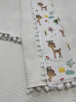 Buse Baby Home Muslin Kumaş ,pikeli ve Ponponlu , %100 Pamuklu Çok Amaçlı Bebek Battaniyesi