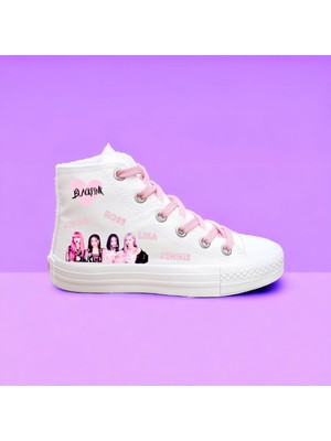 Amazoon Desing Blacpink Baskılı Beyaz Keten Çocuk Spor Ayakkabı Sneaker