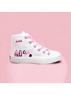 Amazoon Desing Blacpink Baskılı Beyaz Keten Çocuk Spor Ayakkabı Sneaker