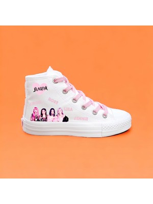 Amazoon Desing Blacpink Baskılı Beyaz Keten Çocuk Spor Ayakkabı Sneaker