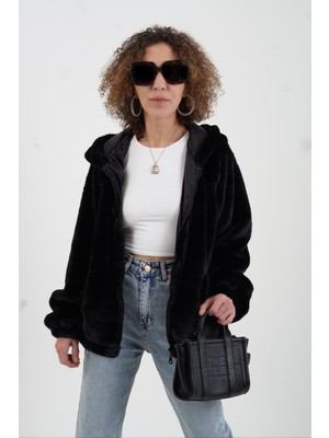 Zelish My Sister Siyah Kapüşonlu Suni Kürk Mont